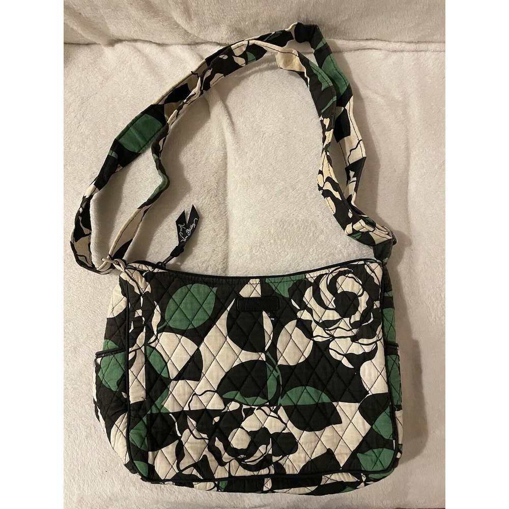 Vera Bradley Black & Green Shoulder Bag Crossbody Printed‎ Flowers Leaves Zipped